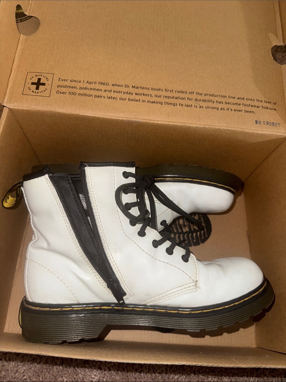 Dr. Martens Kids White Leather Lace-Up Side-Zip Boots with Yellow Stitching